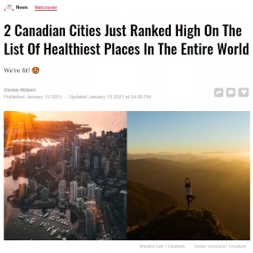 2021年世界健康城市排名，加拿大两座城市入围前15名！